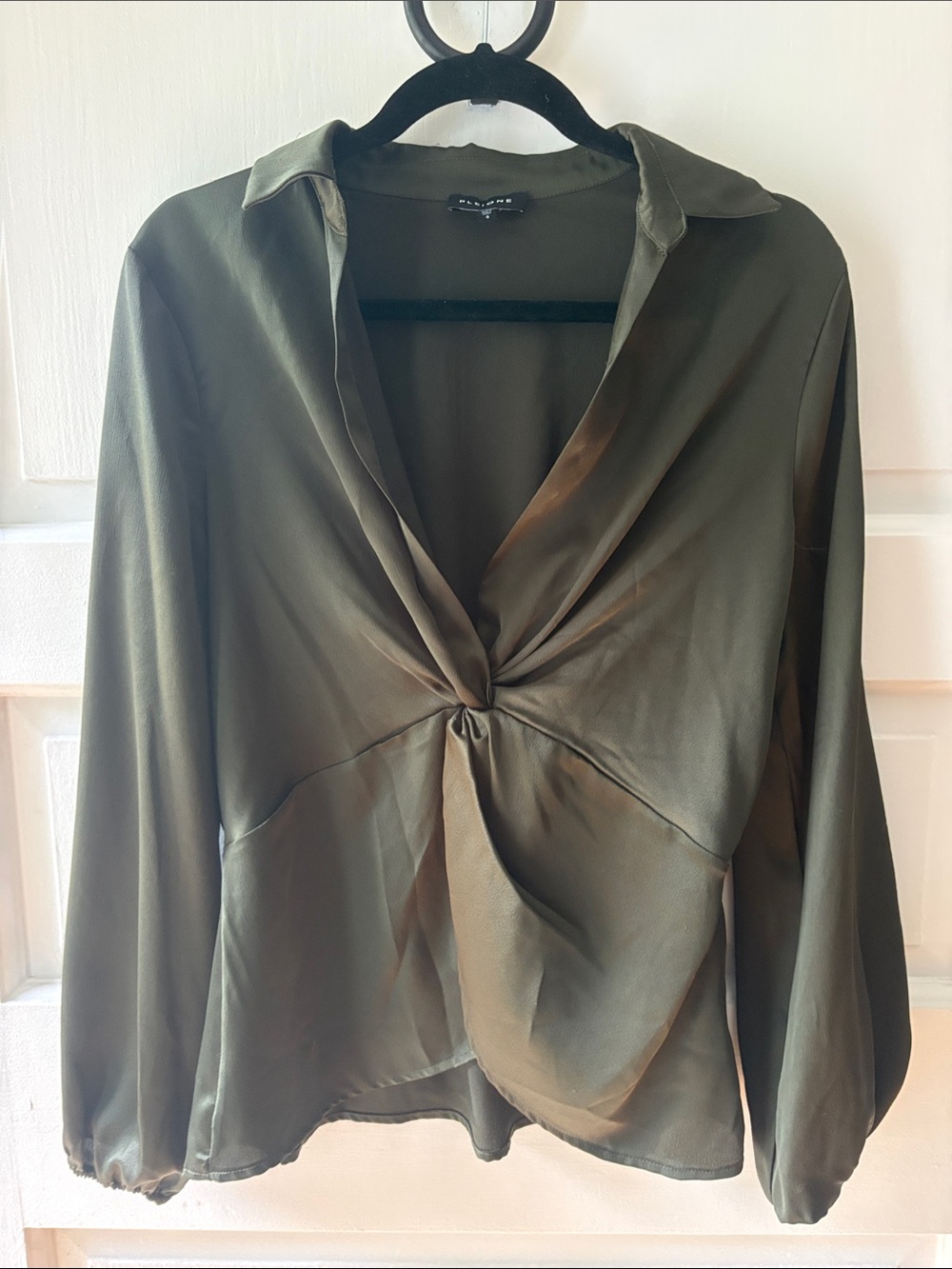 Pleione Olive Twist-Front Collared Blouse